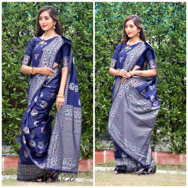 Beautiful Banarasi Soft Silk Navy Blue Colour Wedding Saree