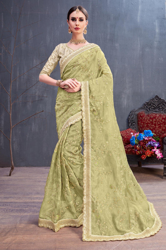 ???????Olive Green Organza?Sequence Trendy Work Wedding Saree