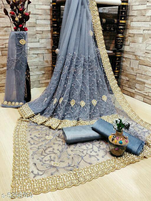 Grey Color Heavy Trendy And Jari Work Net Extra Ordinary Saree