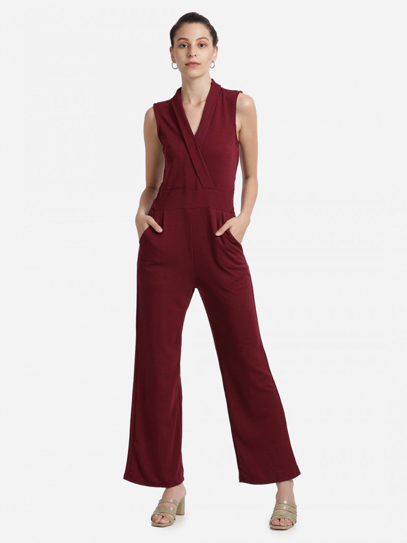 Sleeveless V-Neck Maroon Color Solid Basic Jumpsuit