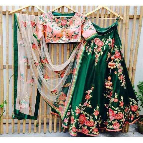 Extra Ordinary Extra Ordinary Taffeta Silk Green Lehenga Choli