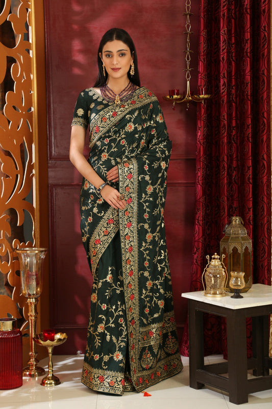 Precious?Dark Green Color Silk Full Trendy Work Wedding Saree