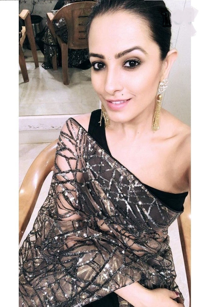 Anita Hassanandani Black Net Sequence Embroidery Saree