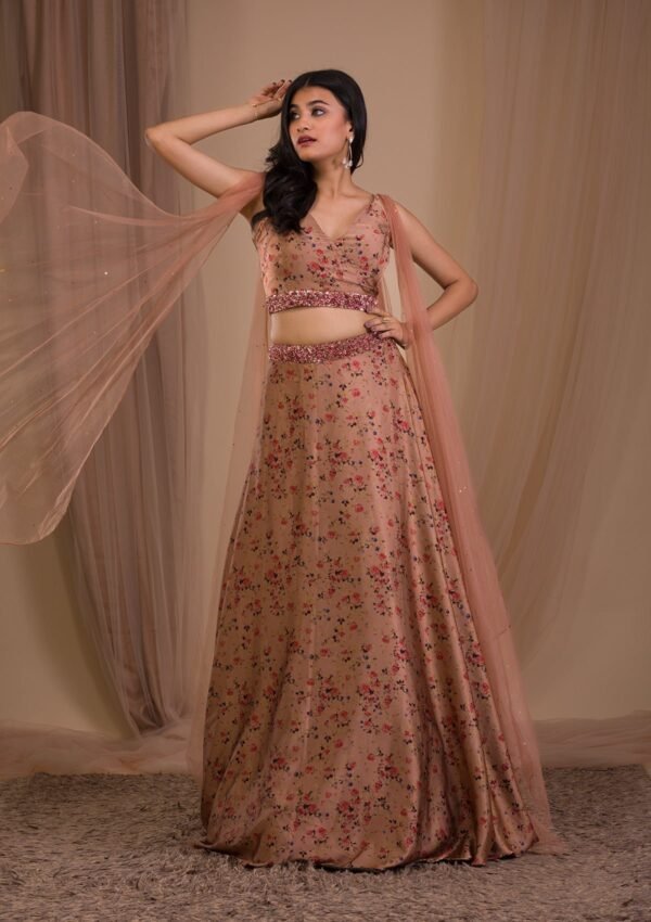 Brown Printed Satin Readymade Lehenga