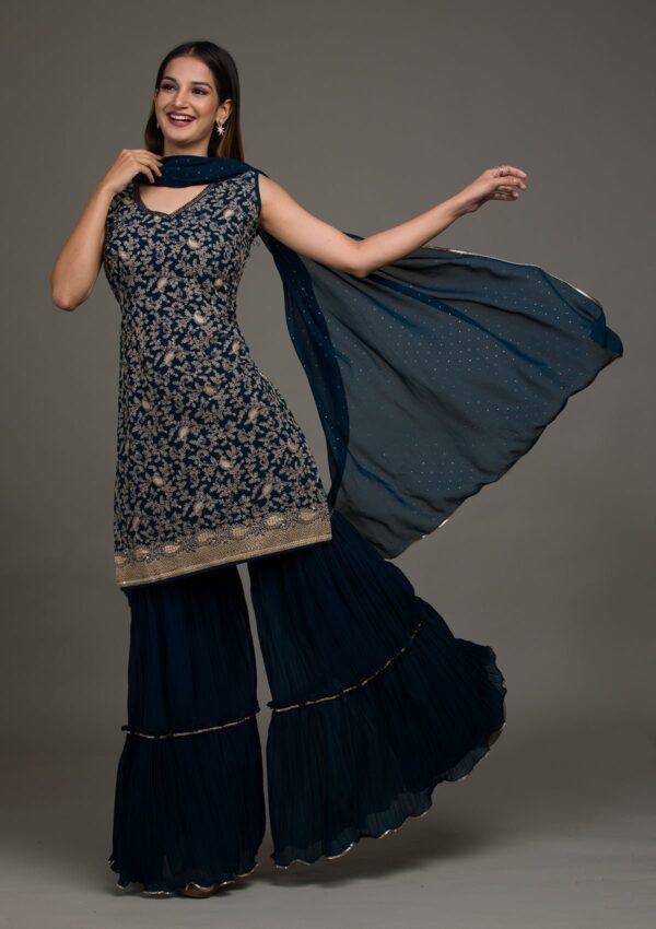 Peacock Blue Threadwork Georgette Salwar Suit