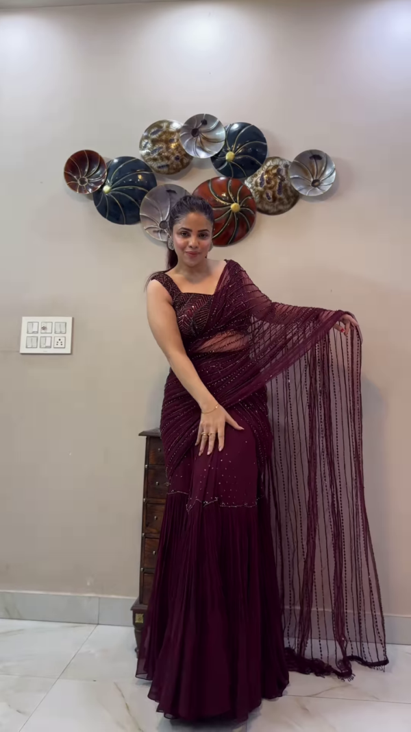 Plum Wine Pre-Draped Saree with Embellished Blouse