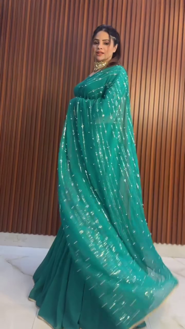 Emerald Green Sequined Ruffle Saree with Mermaid Skirt - Image 2