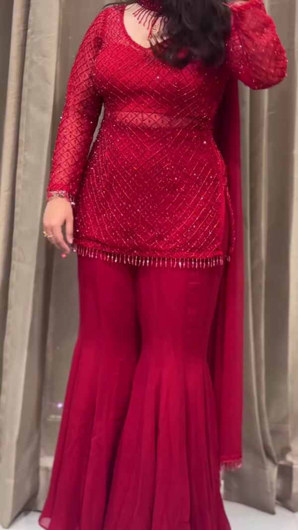 Crimson Red Sequin Embellished Sharara Suit with Net Sleeves