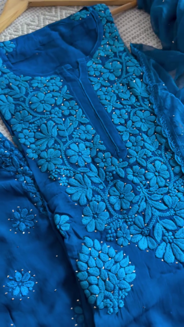 Royal Blue Hand-Embroidered Chikankari Suit with Intricate Floral Detailing