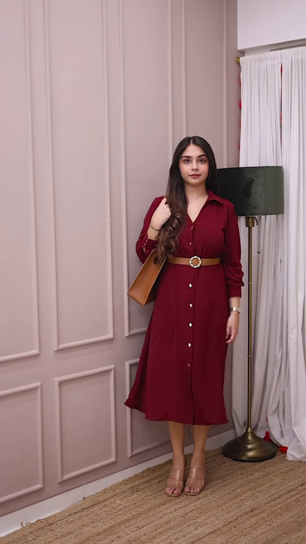 Elegant Maroon Shirt Dress with Belt – Chic & Versatile