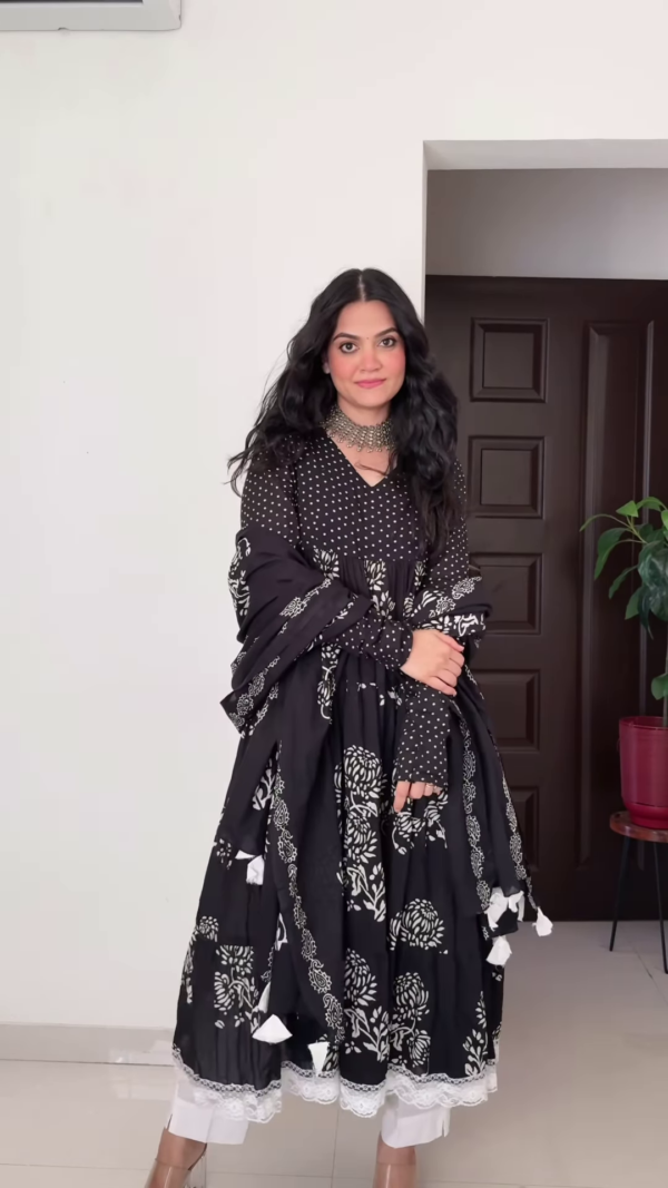 Black & White Hand-Block Printed Anarkali Suit – Timeless Elegance