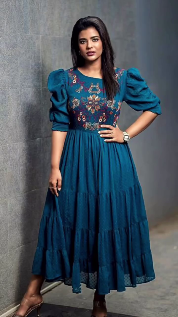 Royal Blue Embroidered Gown with Puff Sleeves
