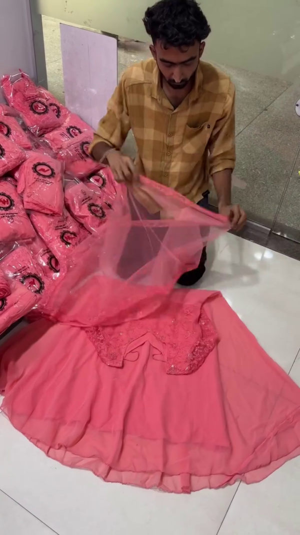 Elegant Peach Embroidered Lehenga Set with Net Dupatta