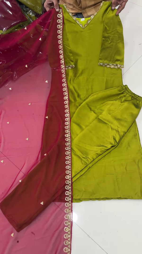 Olive Green Silk Salwar Suit with Embroidered Dupatta