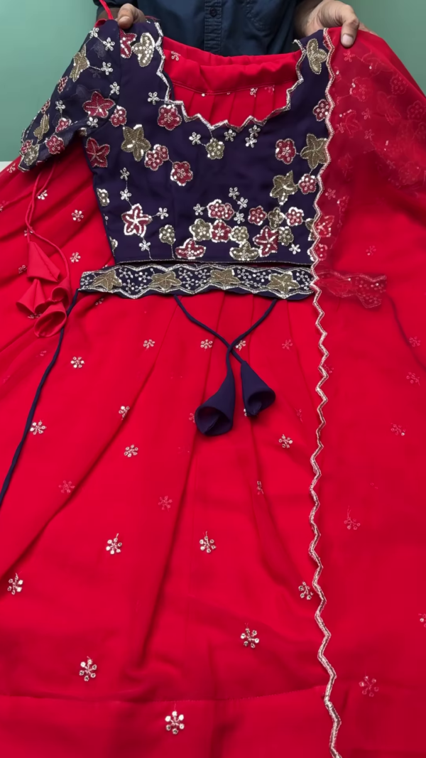 Red Embroidered Lehenga Set with Navy Blue Blouse