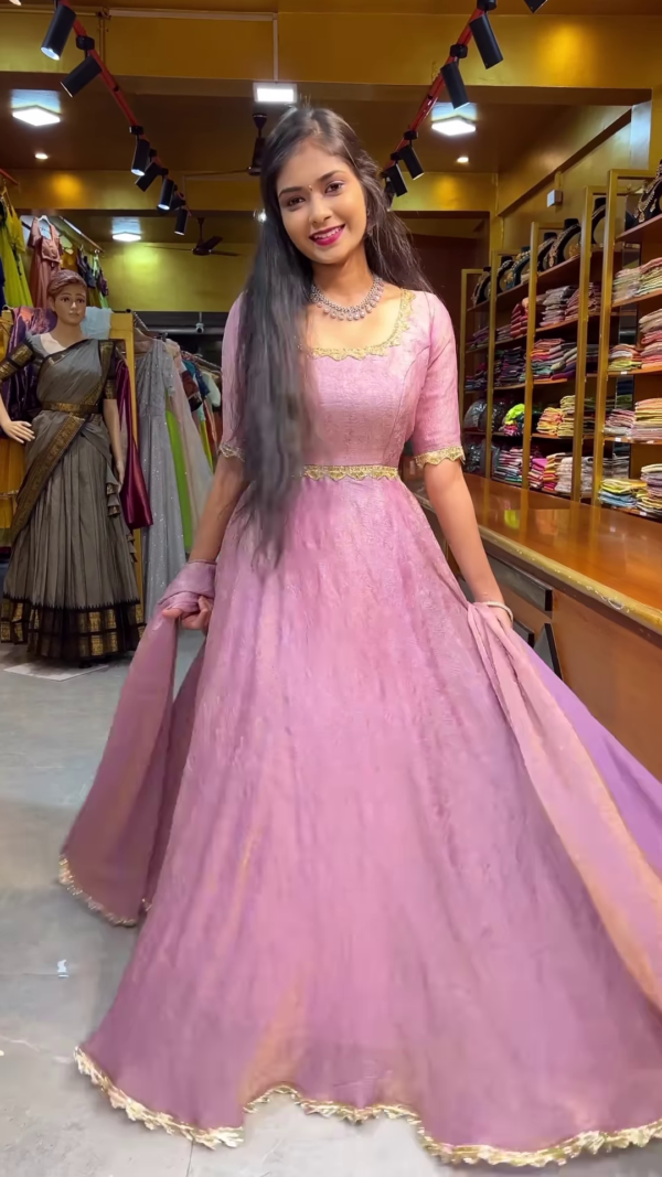 Blush Pink Lace Anarkali Gown with Gold Detailing
