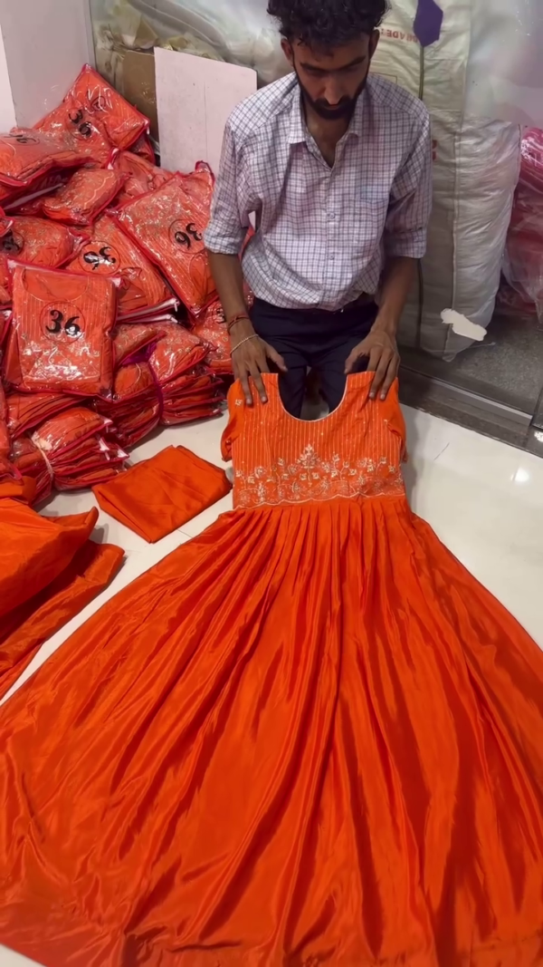 Bright Orange Embroidered Anarkali Gown with Dupatta