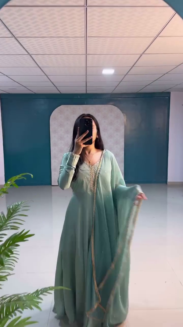 Seafoam Green Anarkali Gown with Subtle Embellishments & Dupatta