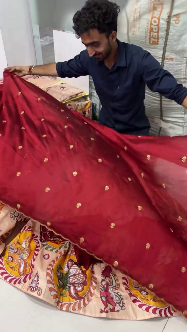 Peach Kalamkari-Inspired Flared Skirt with Mythical Motifs - Image 3