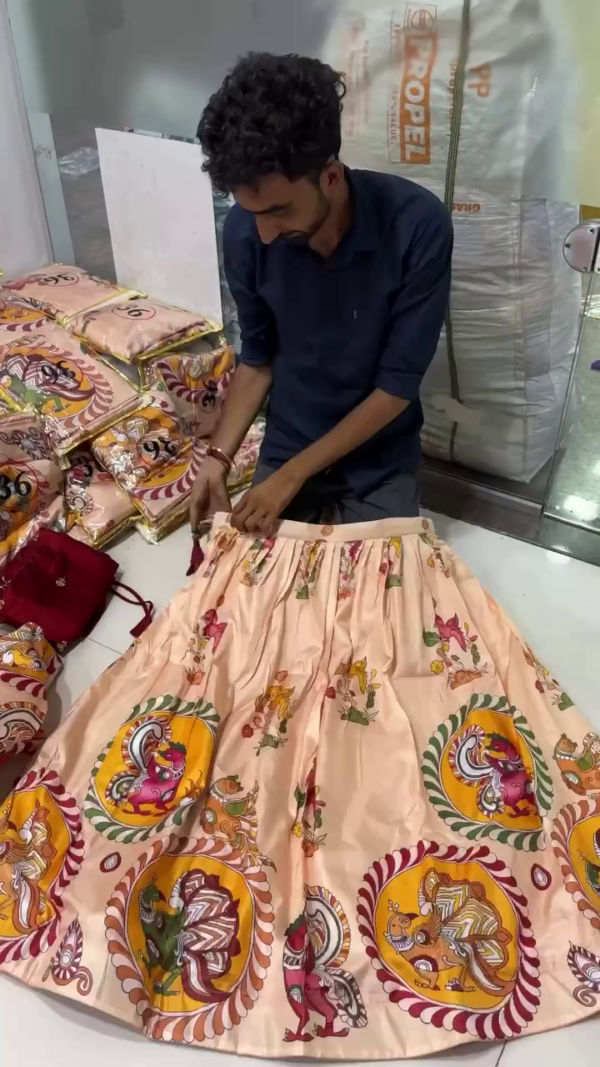 Peach Kalamkari-Inspired Flared Skirt with Mythical Motifs