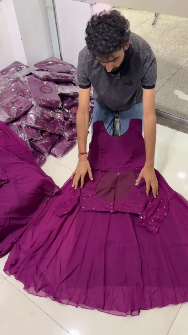 Elegant Plum Georgette Sleeveless Anarkali Gown - Image 2