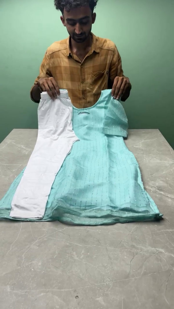 Sky Blue Sequin-Embellished Straight Kurti with Cotton Lining