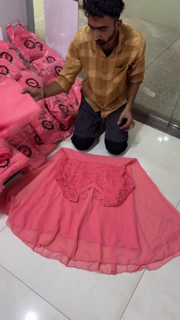 Peachy Pink Net Lehenga Choli Set with Sequin Embroidered Blouse & Dupatta