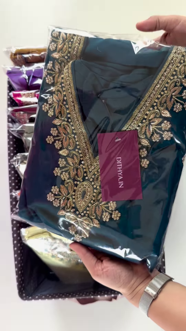Teal Blue Embroidered Straight-Cut Kurta with Golden Threadwork by DITHYA.IN