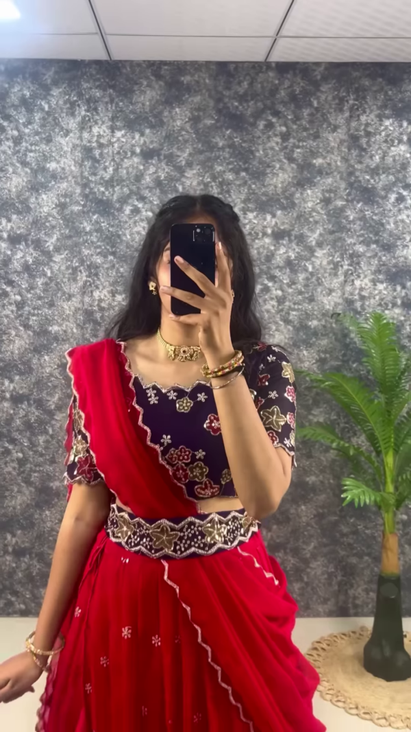 Red Embroidered Lehenga Set with Navy Blue Floral Blouse & Embellished Belt - Image 2