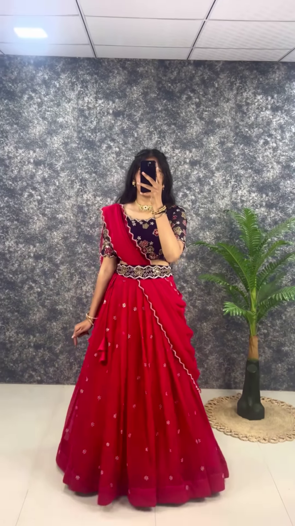 Red Embroidered Lehenga Set with Navy Blue Floral Blouse & Embellished Belt