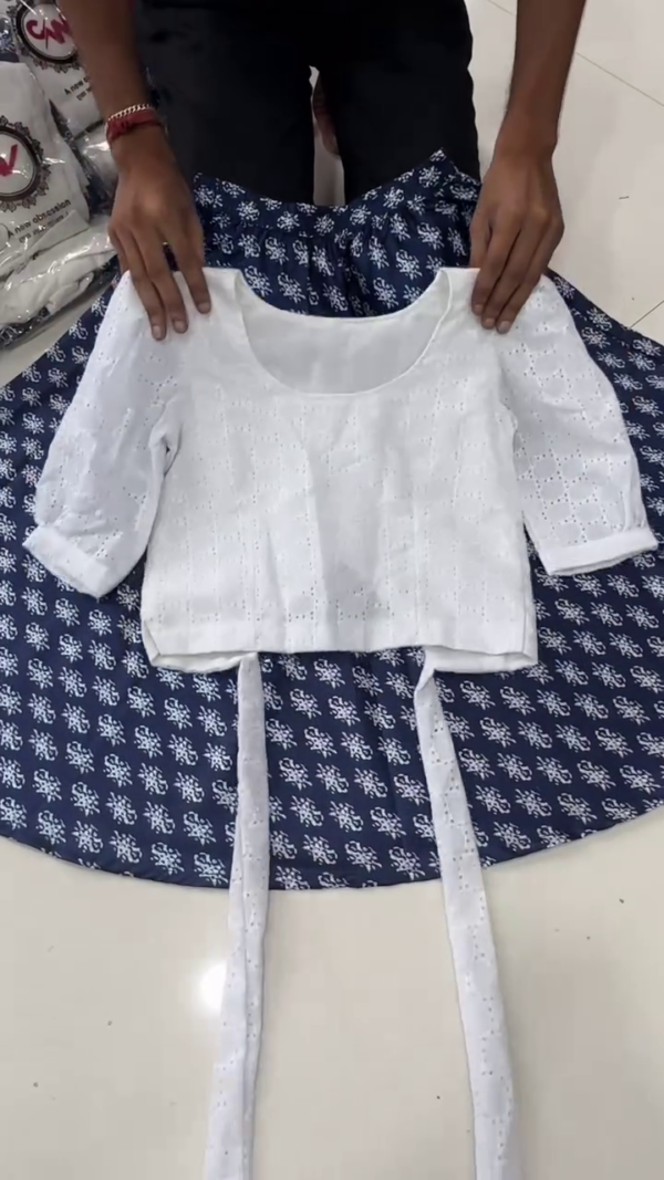 Navy Blue Printed Skirt with White Tie-Up Crop Top Set - Image 3