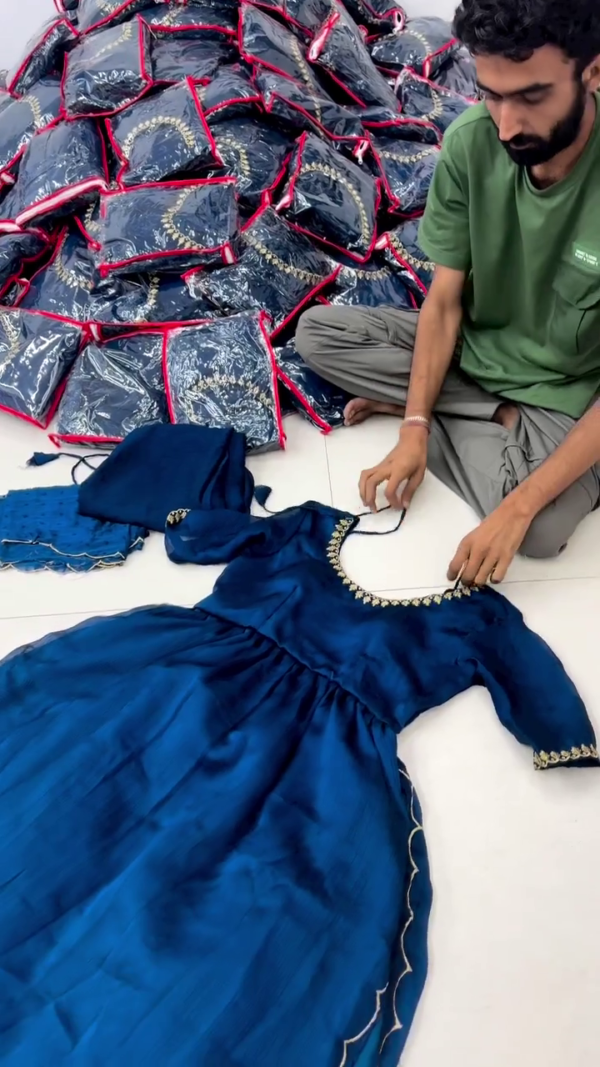Royal Blue Flared Kurta Set with Gota Patti Detailing