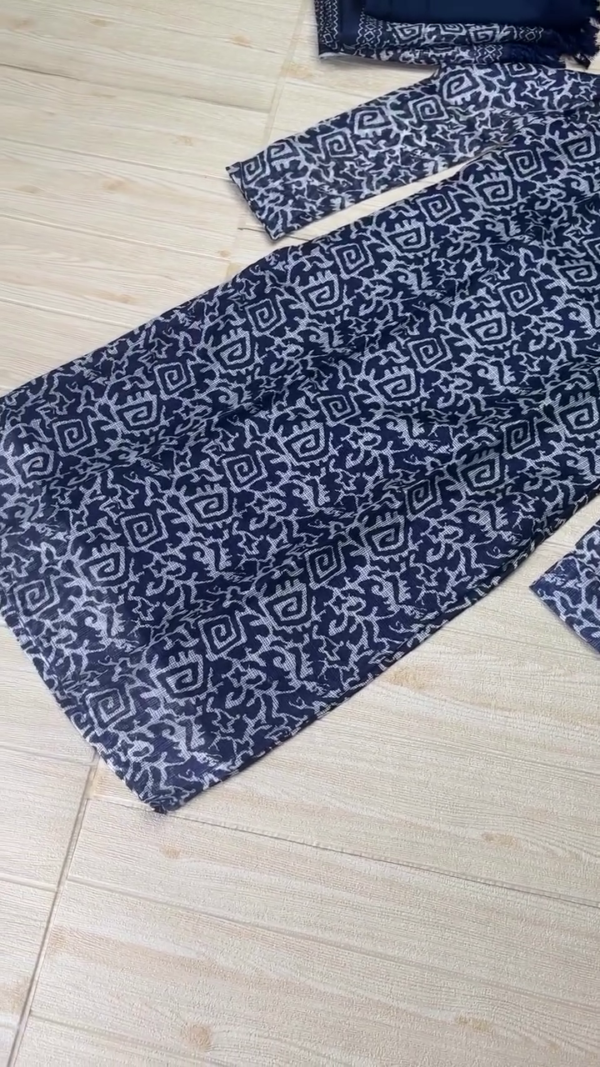 Elegant Navy Blue Ikat Print Cotton Kurti Set - Image 3