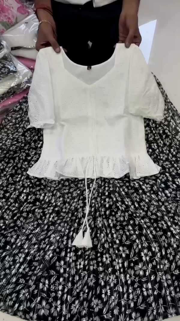 Elegant White Eyelet Cotton Top with Black Floral Skirt Set
