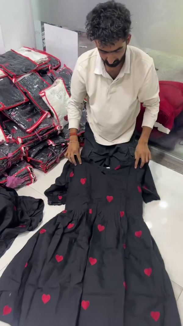 Chic Black Dress with Red Heart Embroidery