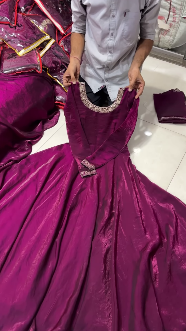 Royal Purple Full-Length Gown with Embroidered Neckline