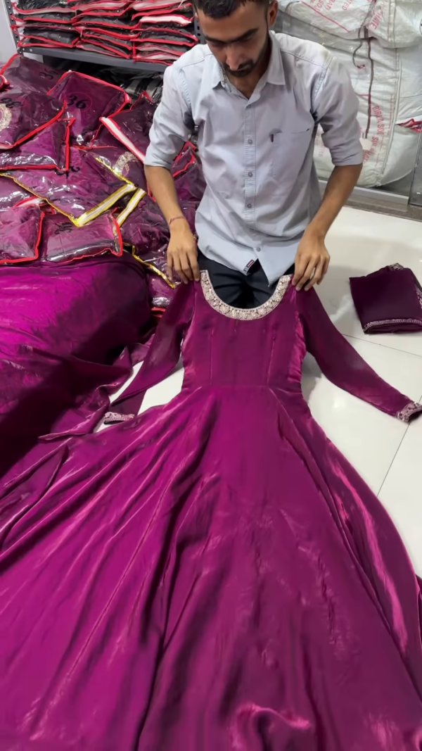 Royal Purple Full-Length Gown with Embroidered Neckline - Image 2