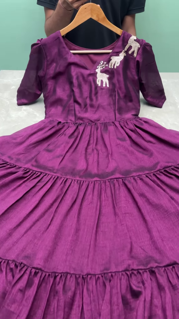 Festive Red Tiered Dress with Embroidered Reindeer Motif - Image 3