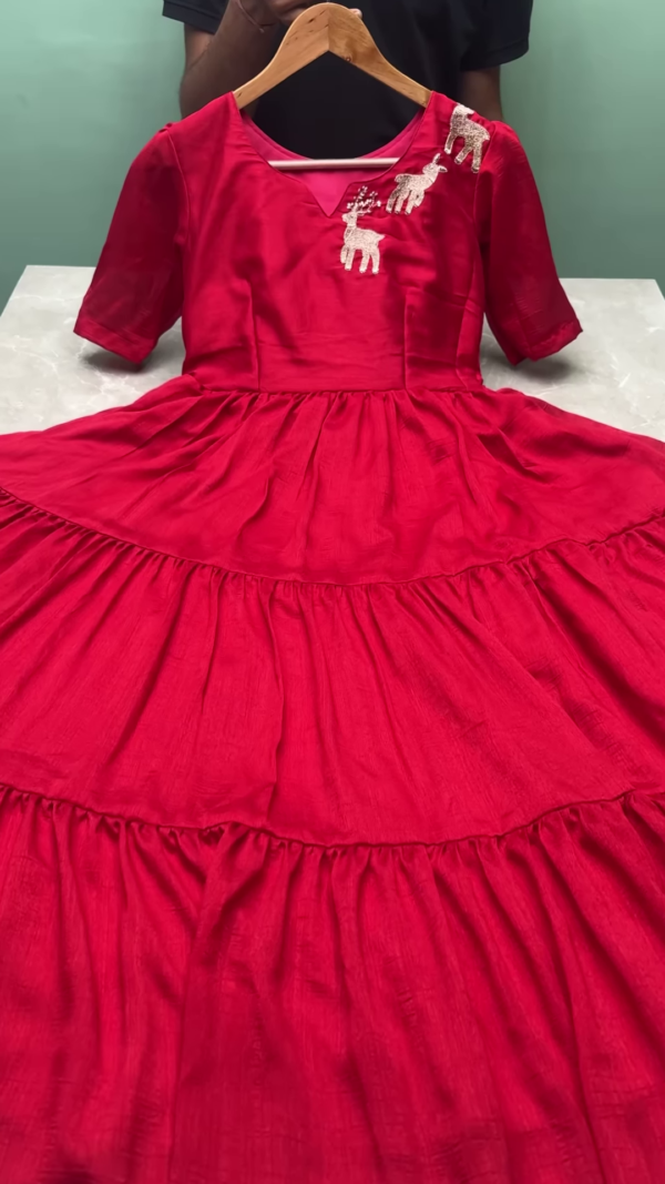 Festive Red Tiered Dress with Embroidered Reindeer Motif