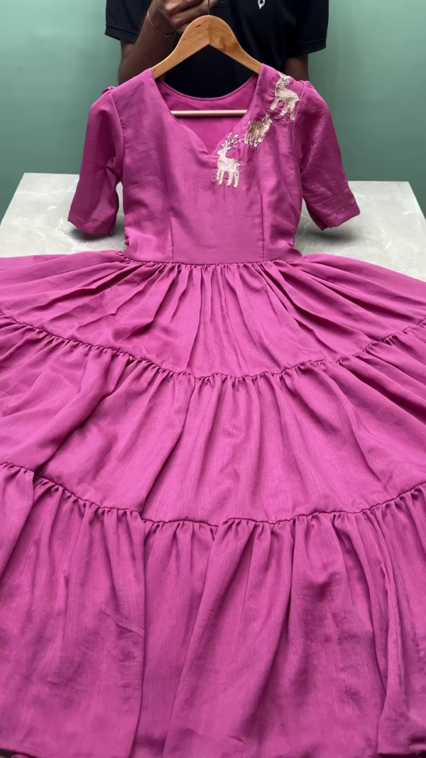 Festive Red Tiered Dress with Embroidered Reindeer Motif - Image 5