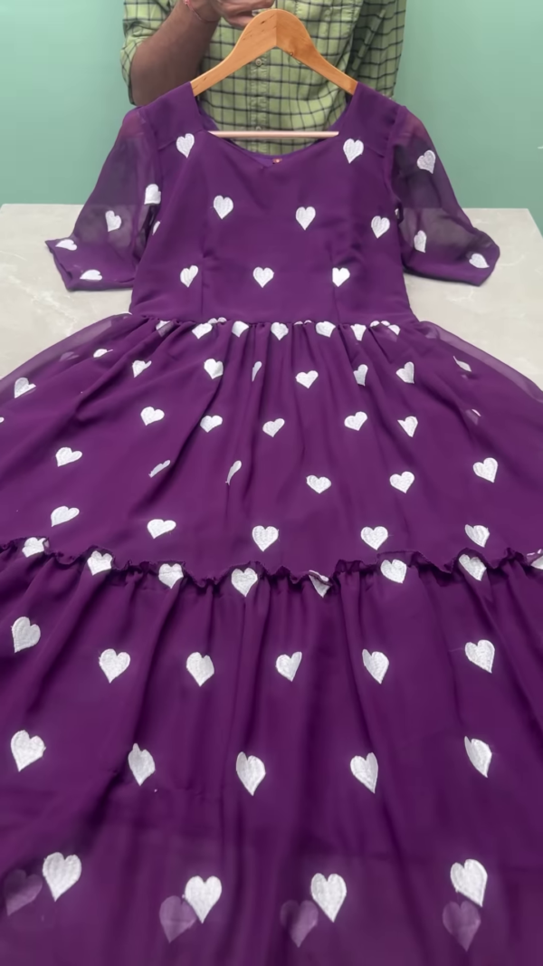 Purple Heart-Printed Flared Dress for Girls