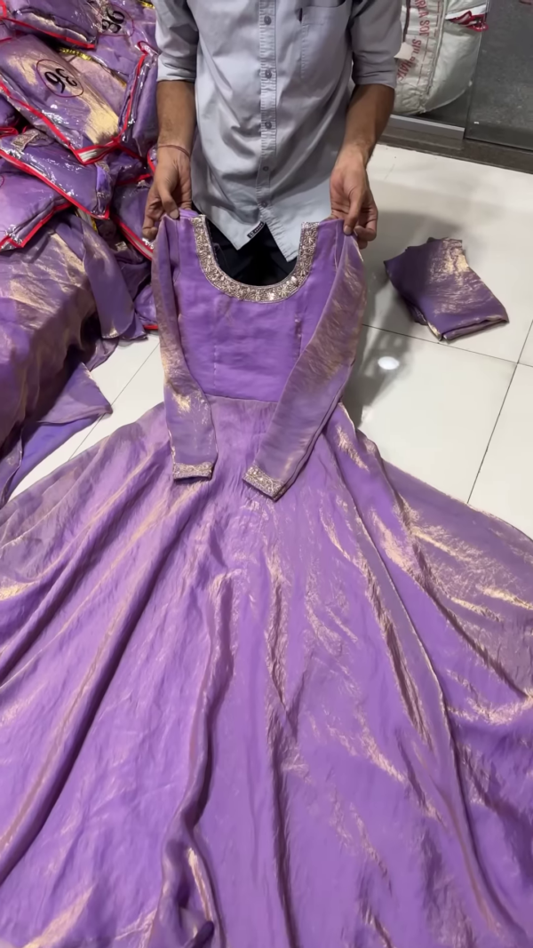 Regal Lavender Shimmer Gown Dress for Girls with Embellished Neckline and Full Sleeves – Partywear & Festive Wear Anarkali Style Outfit in Glazed Soft Silk for Grand Celebrations and Traditional Functions