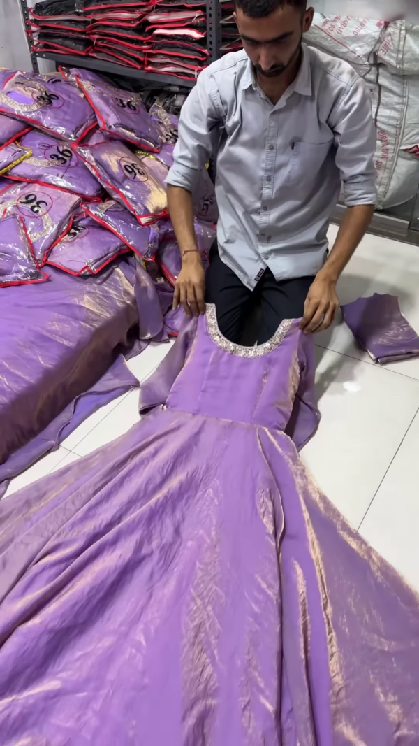 Regal Lavender Shimmer Gown Dress for Girls with Embellished Neckline and Full Sleeves – Partywear & Festive Wear Anarkali Style Outfit in Glazed Soft Silk for Grand Celebrations and Traditional Functions - Image 2