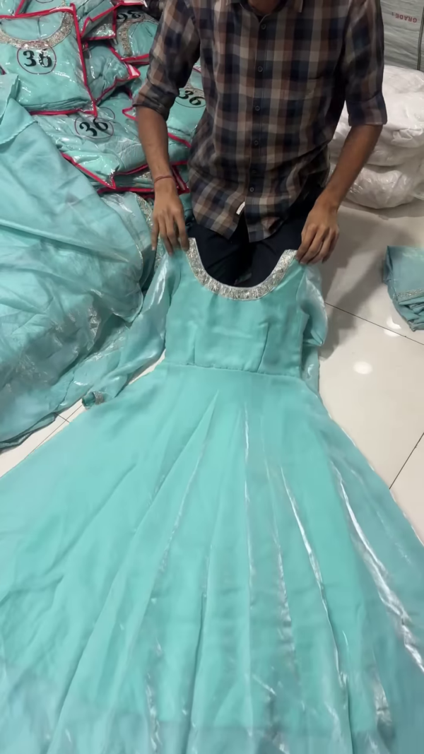 Elegant Aqua Blue Shimmer Gown Dress for Girls with Sequin Embellished Neckline – Full Sleeve Ethnic Partywear in Glazed Silk for Weddings, Festivals & Special Occasions