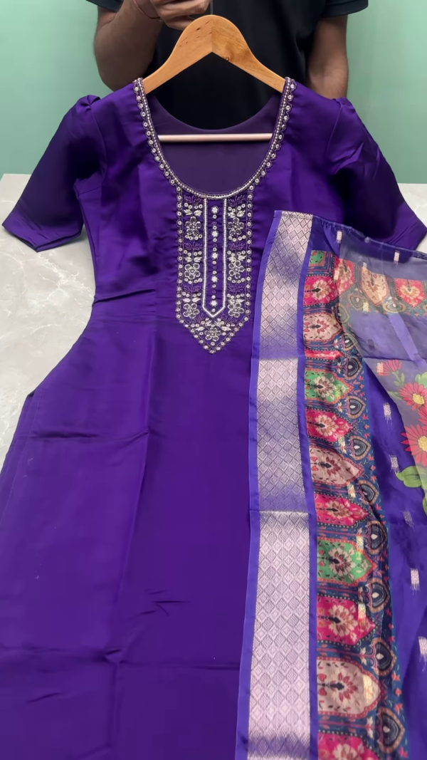 Elegant Pink Silk Embroidered Straight-Cut Kurti Set with Banarasi Floral Dupatta – Festive & Wedding Wear for Women - Image 2