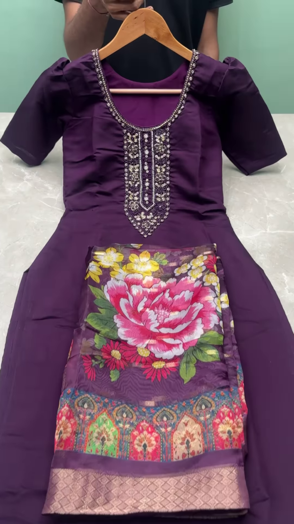 Elegant Pink Silk Embroidered Straight-Cut Kurti Set with Banarasi Floral Dupatta – Festive & Wedding Wear for Women - Image 3