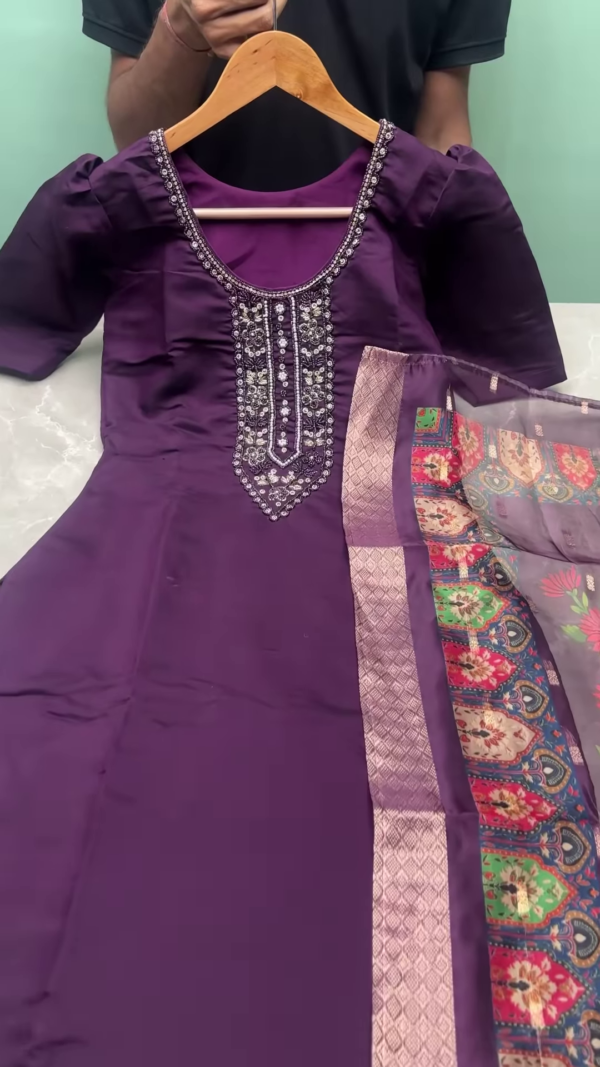 Elegant Pink Silk Embroidered Straight-Cut Kurti Set with Banarasi Floral Dupatta – Festive & Wedding Wear for Women - Image 4