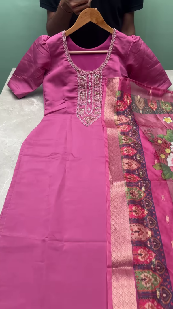 Elegant Pink Silk Embroidered Straight-Cut Kurti Set with Banarasi Floral Dupatta – Festive & Wedding Wear for Women