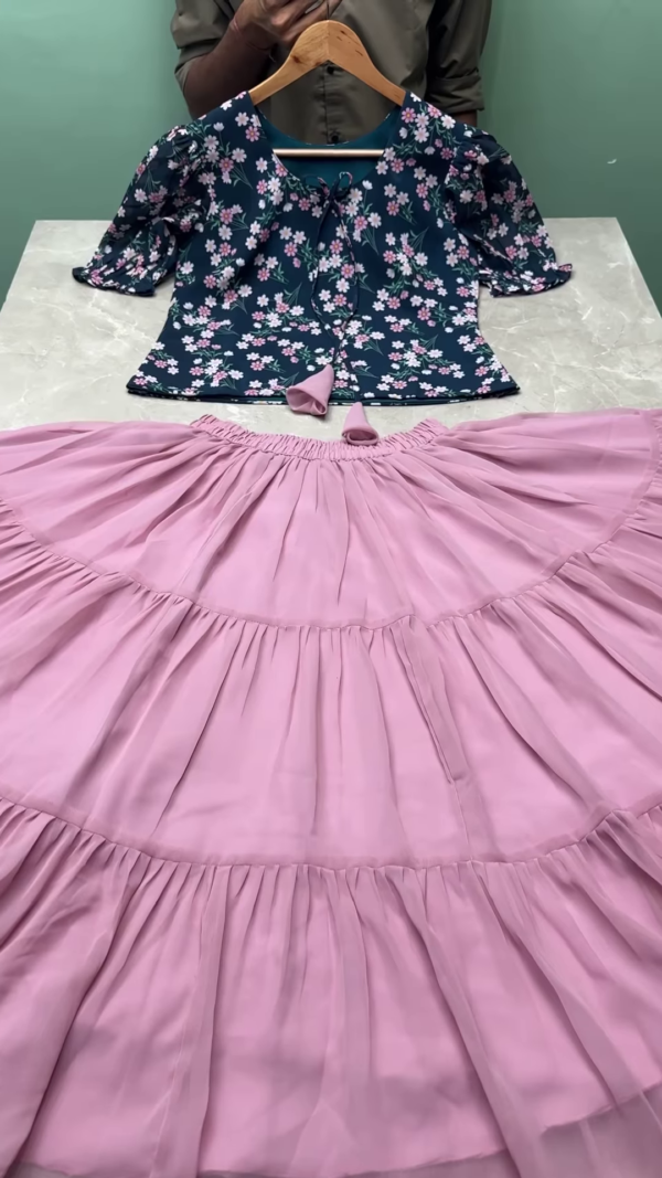 Blush Pink Layered Skirt with Navy Blue Floral Puff Sleeve Crop Top – Elegant Girls' Ethnic Fusion Set - Image 2