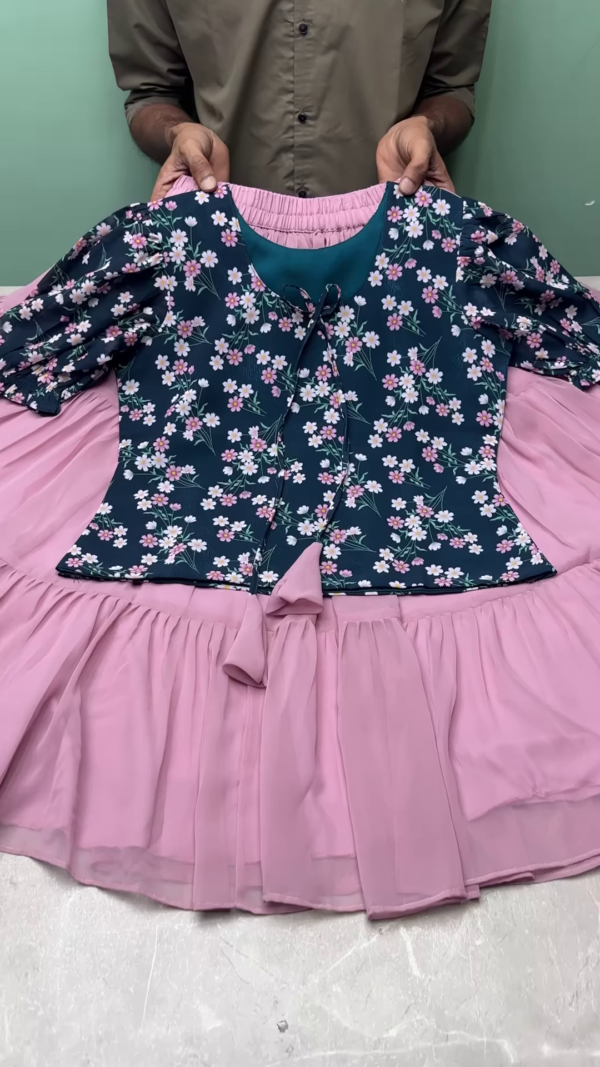 Blush Pink Layered Skirt with Navy Blue Floral Puff Sleeve Crop Top – Elegant Girls' Ethnic Fusion Set
